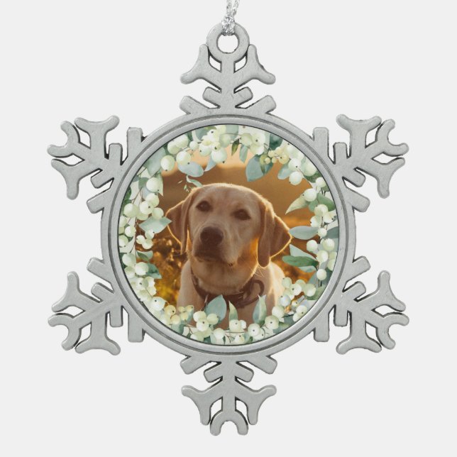 Cream Snowberry Christmas Wreath Photo Snowflake Pewter Christmas Ornament (Front)