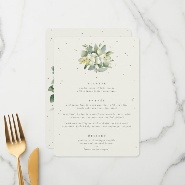 Cream Snowberry + Eucalyptus 3 Course Wedding Menu (Front/Back In Situ)