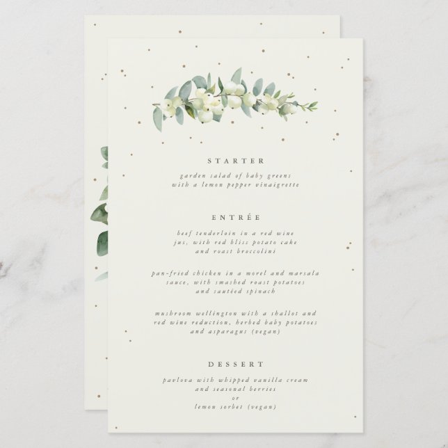 Cream Snowberry + Eucalyptus 3 Course Wedding Menu (Front/Back)