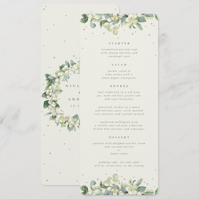 Cream Snowberry+Eucalyptus 4 Course Wedding Flat Menu (Front/Back)