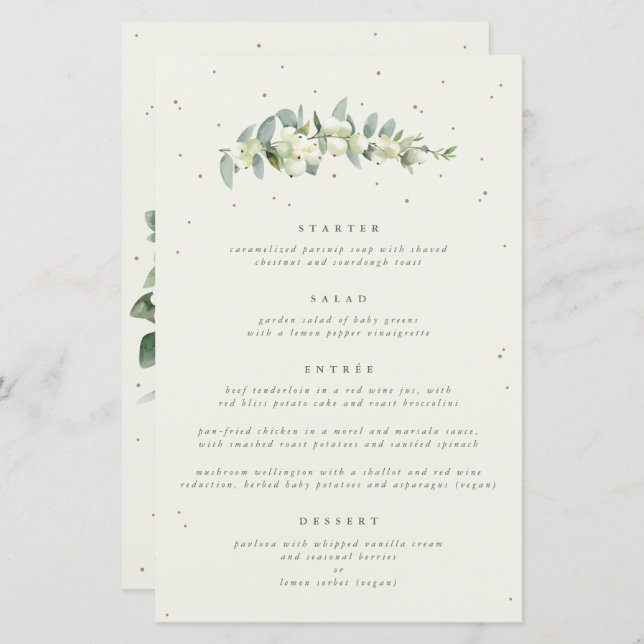 Cream Snowberry + Eucalyptus 4 Course Wedding Menu (Front/Back)