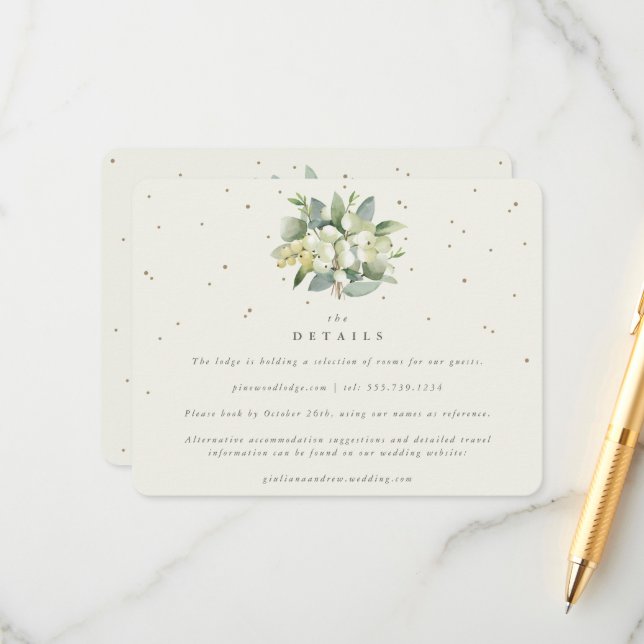 Cream Snowberry+Eucalyptus Bouquet Wedding Details Enclosure Card (Front/Back In Situ)