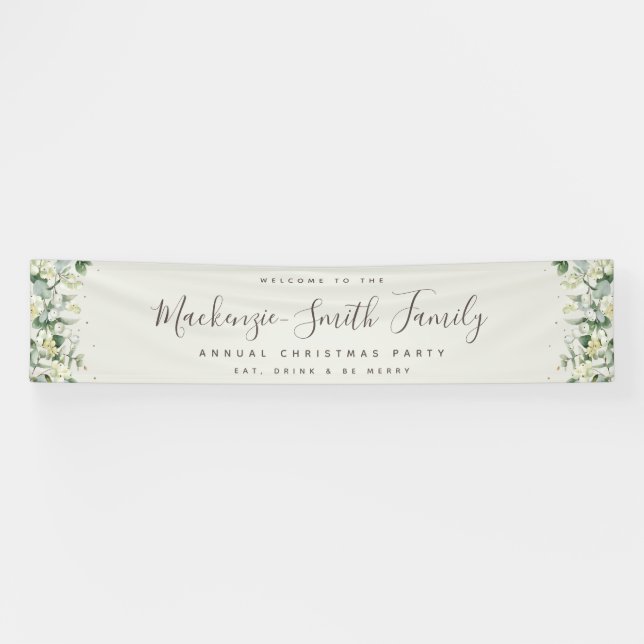 Cream Snowberry+Eucalyptus Christmas Holiday Party Banner (Horizontal)