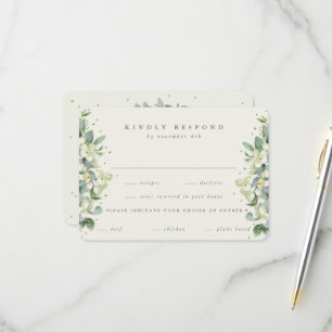 Cream Snowberry+Eucalyptus Edged Winter Wedding RSVP Card
