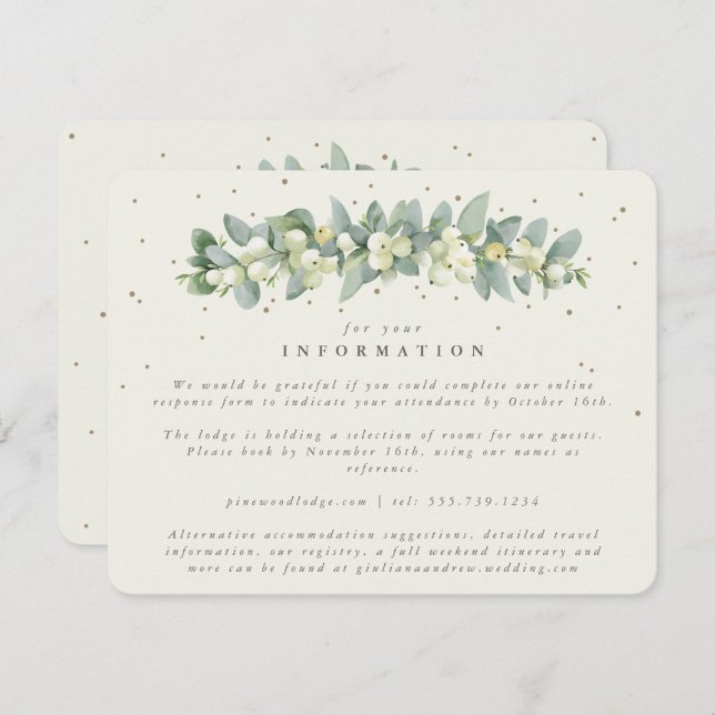 Cream Snowberry+Eucalyptus Garland Wedding Info Enclosure Card (Front/Back)