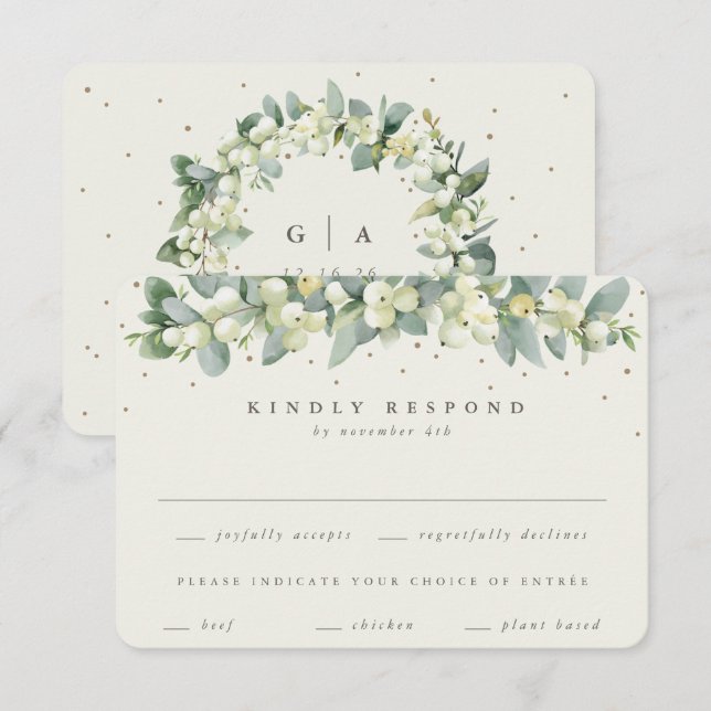 Cream Snowberry+Eucalyptus Garland Winter Wedding RSVP Card (Front/Back)