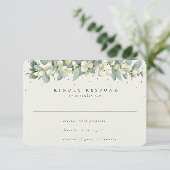 Cream Snowberry+Eucalyptus Garland Winter Wedding RSVP Card (Standing Front)
