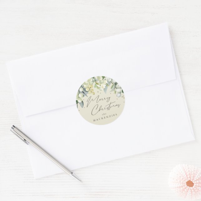 Cream Snowberry+Eucalyptus Merry Christmas Custom Classic Round Sticker (Envelope)