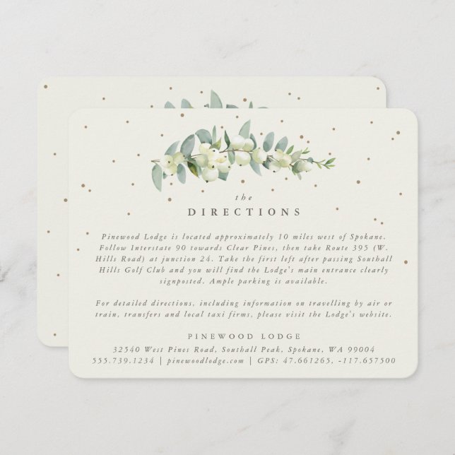 Cream Snowberry+Eucalyptus Stem Wedding Directions Enclosure Card (Front/Back)