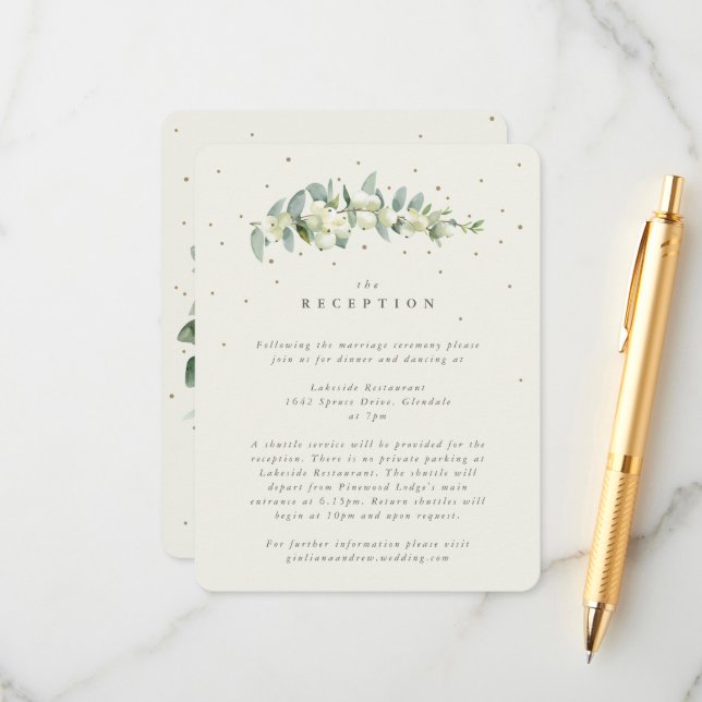 Cream Snowberry+Eucalyptus Stem Wedding Reception Enclosure Card (Front/Back In Situ)