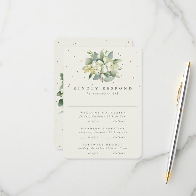Cream Snowberry+Eucalyptus Wedding Multi-Event RSVP Card (Front/Back In Situ)