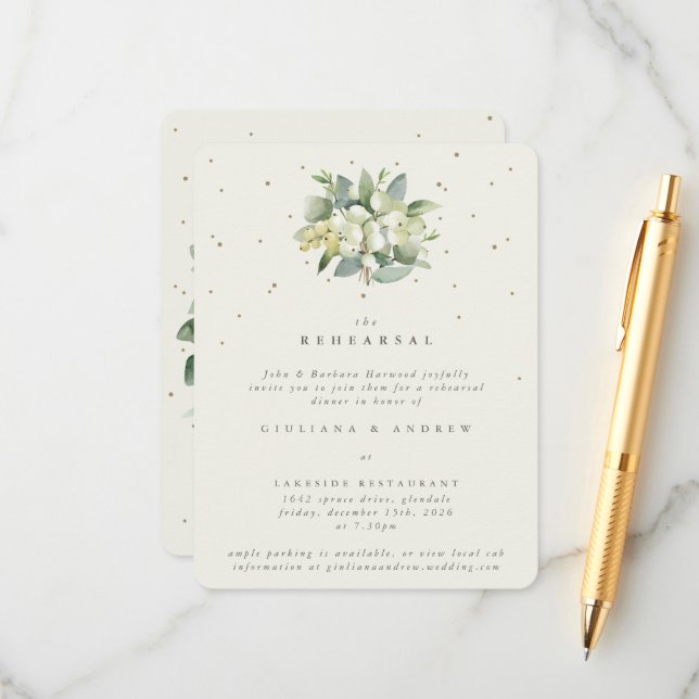 Cream Snowberry+Eucalyptus Wedding Rehearsal Enclosure Card (Front/Back In Situ)
