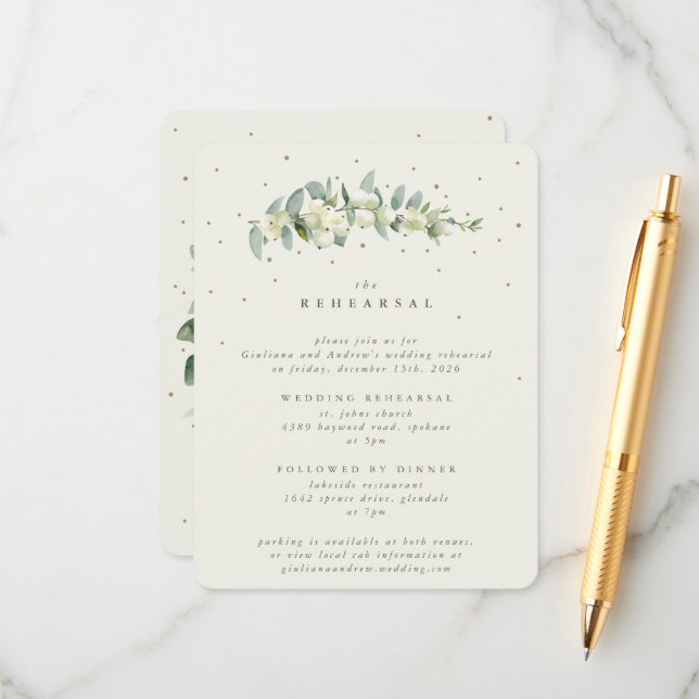 Cream Snowberry+Eucalyptus Wedding Rehearsal Enclosure Card (Front/Back In Situ)