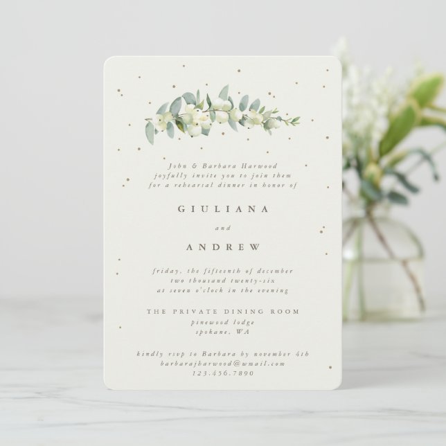 Cream Snowberry+Eucalyptus Wedding Rehearsal Invitation (Standing Front)