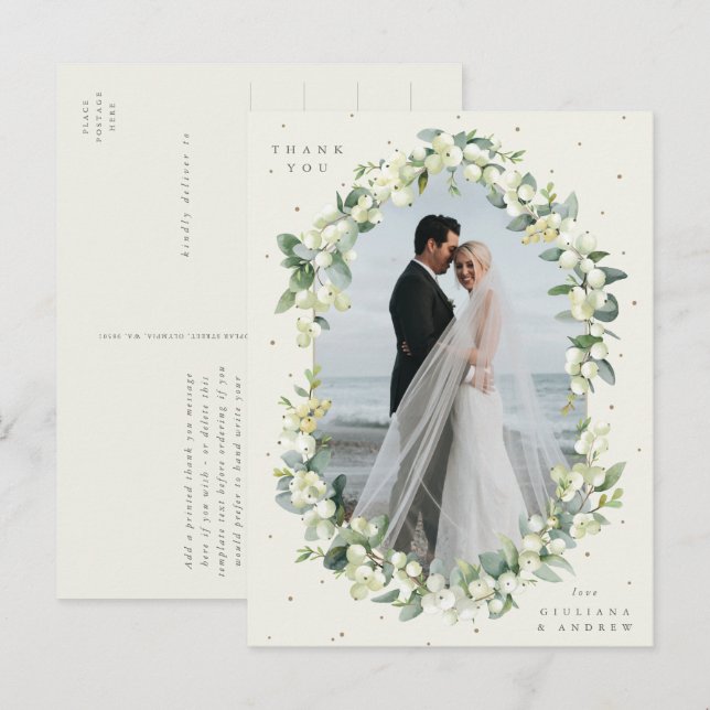 Cream Snowberry+Eucalyptus Wedding Thank You Photo Postcard (Front/Back)