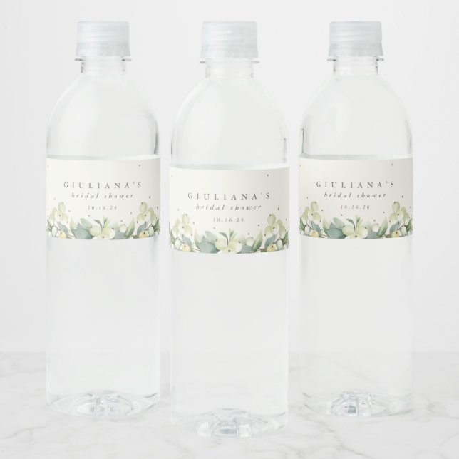 Cream Snowberry+Eucalyptus Winter Bridal Shower Water Bottle Label (Bottles)