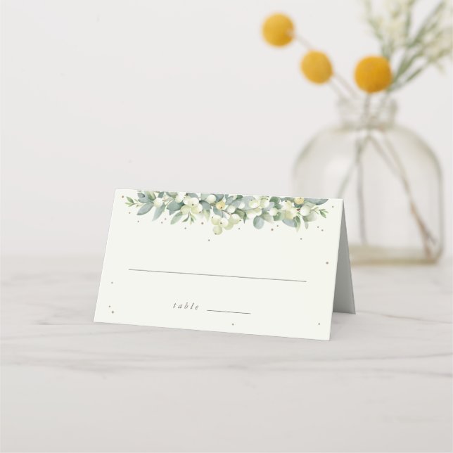 Cream Snowberry+Eucalyptus Winter Wedding Folded Place Card (Front)