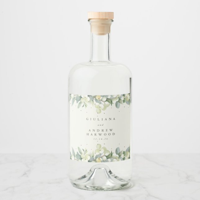 Cream Snowberry+Eucalyptus Winter Wedding Liquor Bottle Label (Front)