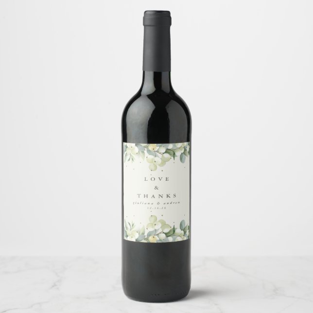 Cream Snowberry+Eucalyptus Winter Wedding Wine Label (Front)
