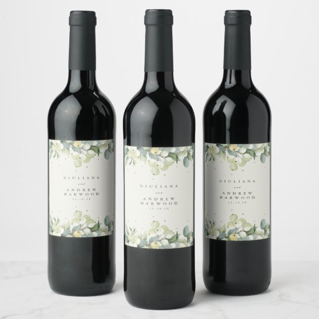 Cream Snowberry+Eucalyptus Winter Wedding Wine Label (Bottles)