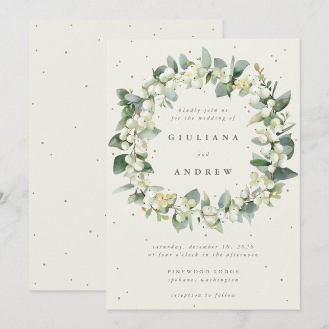 Cream Snowberry+Eucalyptus Wreath Winter Wedding Invitation (Front/Back)