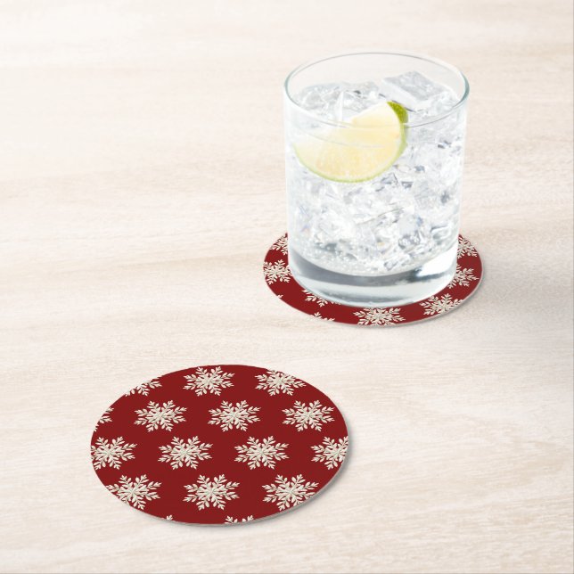 Cream Snowflake Red Christmas Round Paper Coaster (Insitu)