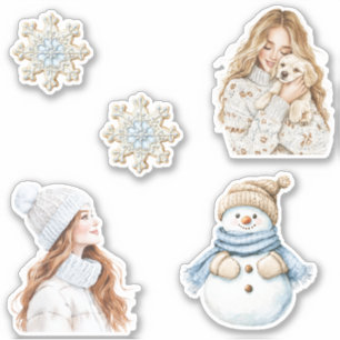 Cream Snowflakes Blue Christmas Girl Snowman Dog