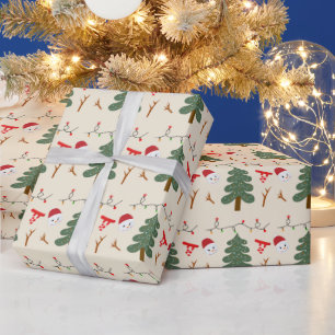 Cream Snowmen and Christmas Trees Christmas Wrapping Paper