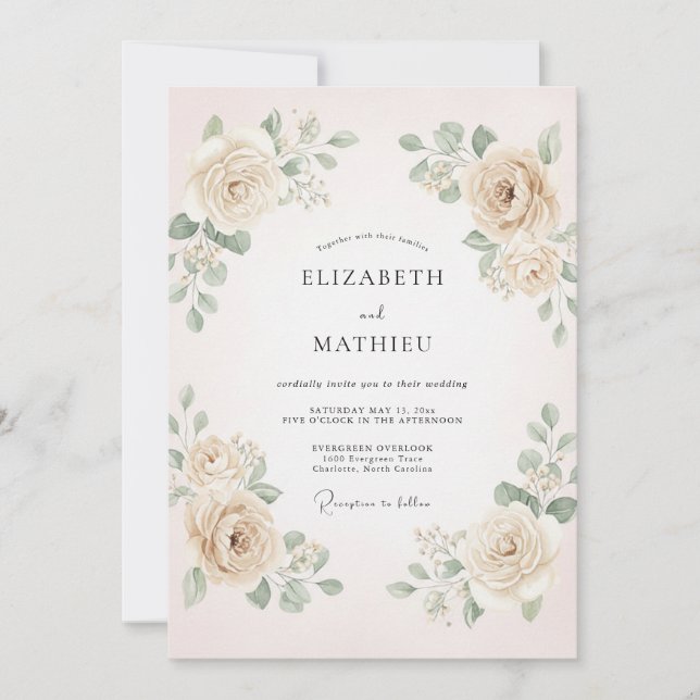 Cream Soft Floral Romance Wedding Invitation (Front)