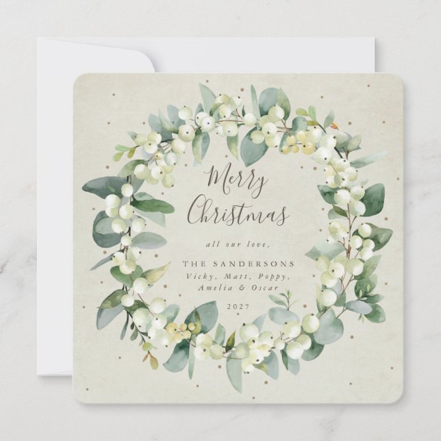 Cream Square Snowberry+Eucalyptus Christmas Wreath Holiday Card (Front)