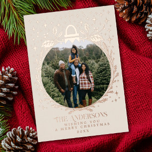 Cream Stylish Christmas Foliage Ornament Photo  Foil Holiday Card