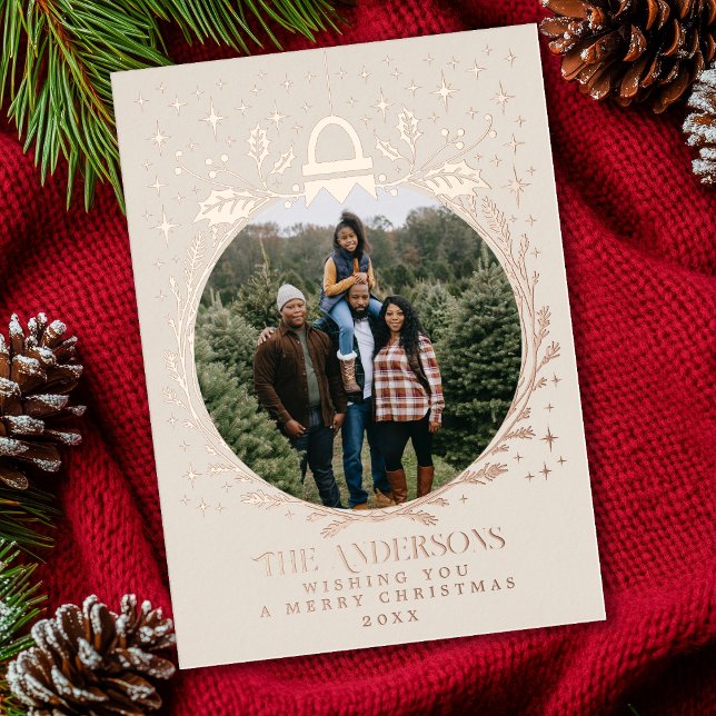 Cream Stylish Christmas Foliage Ornament Photo  Foil Holiday Card (Creator Uploaded)
