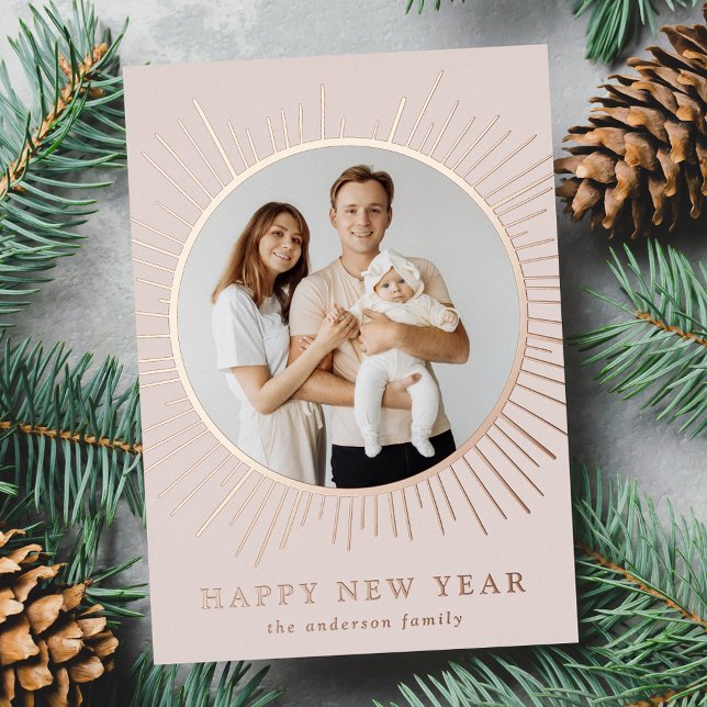Cream Sunburst Happy New Year Photo Foil Holiday Card (Creator Uploaded)
