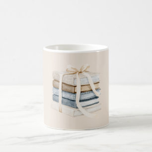 Cream Tan Blue Books Ribbon Bow Coffee Mug