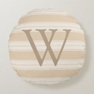 Cream & Tan French Stripes Taupe Initial Letter Round Cushion