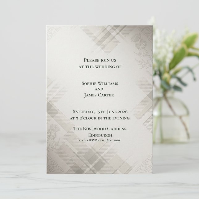 Cream Tartan Ghost Thistle Elegant Scottish Weddin Invitation (Standing Front)
