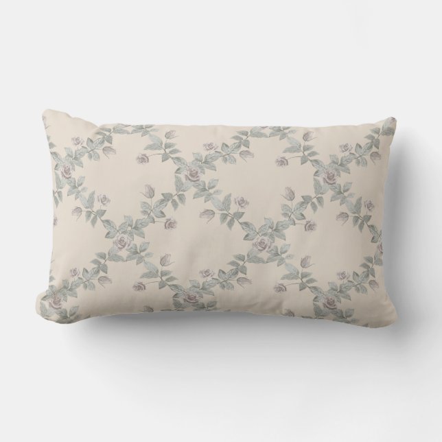 Cream Taupe Rose Sage Trellis Pattern Lumbar Cushion (Front)