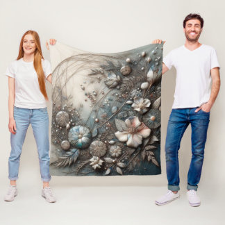 Cream Teal 3D Sculptural Botanical Floral Fleece Blanket