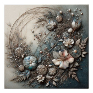 Cream Teal 3D Sculptural Botanical Floral Wall Art
