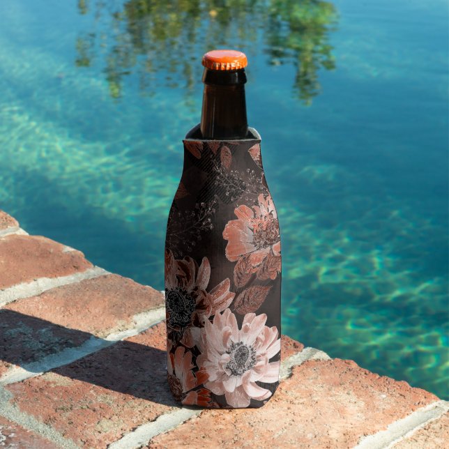 Cream, teracote flowers on a dark brown background bottle cooler (In Situ Pool)