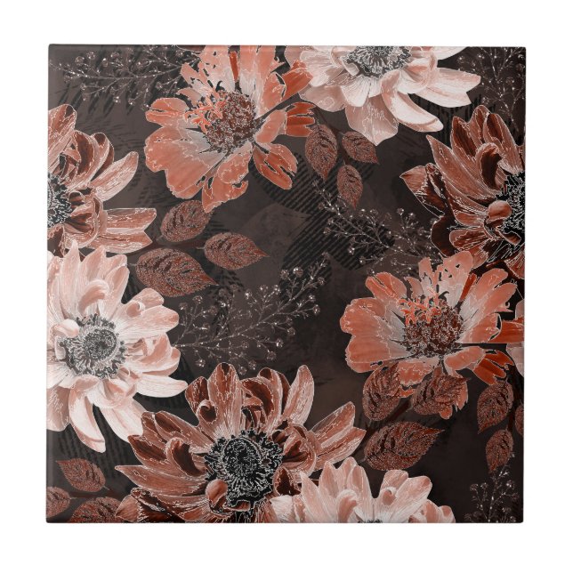 Cream, teracote flowers on a dark brown background ceramic tile (Front)