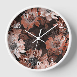 Cream, teracote flowers on a dark brown background clock