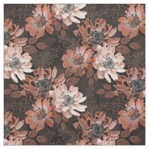 Cream, teracote flowers on a dark brown background fabric