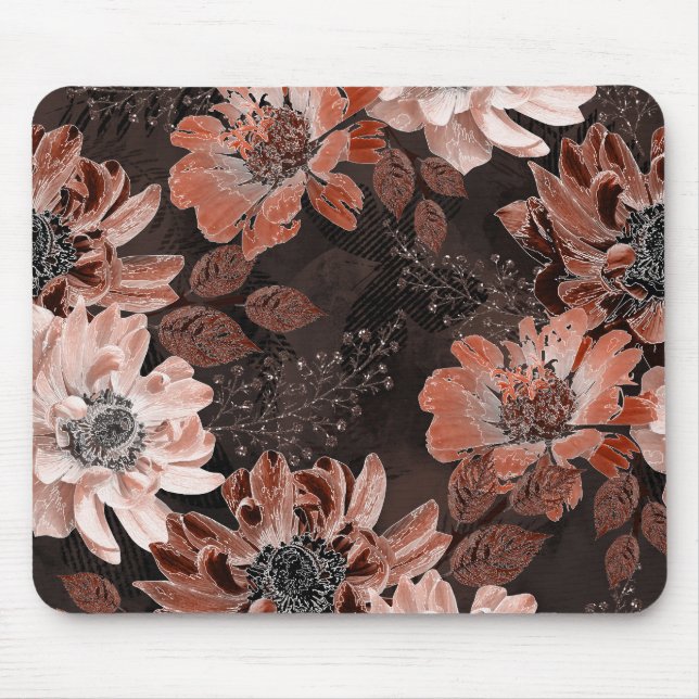 Cream, teracote flowers on a dark brown background mouse pad (Front)