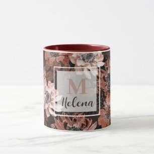 Cream, teracote flowers on a dark brown background mug