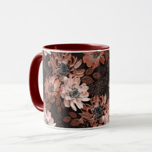 Cream, teracote flowers on a dark brown background mug