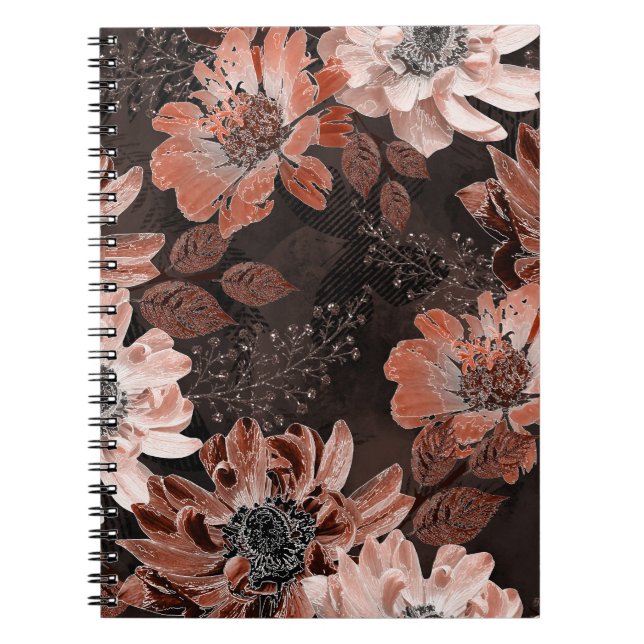 Cream, teracote flowers on a dark brown background notebook (Front)