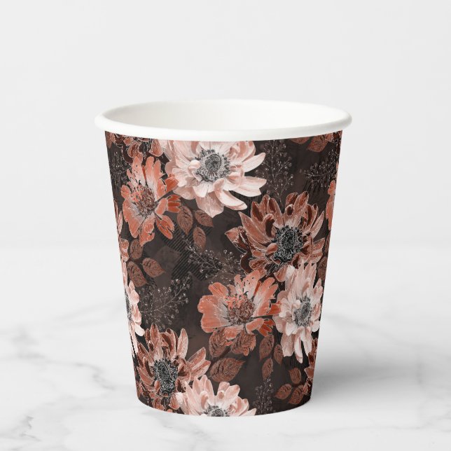 Cream, teracote flowers on a dark brown background paper cups (Front)