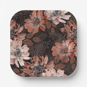 Cream, teracote flowers on a dark brown background paper plate