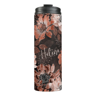 Cream, teracote flowers on a dark brown background thermal tumbler